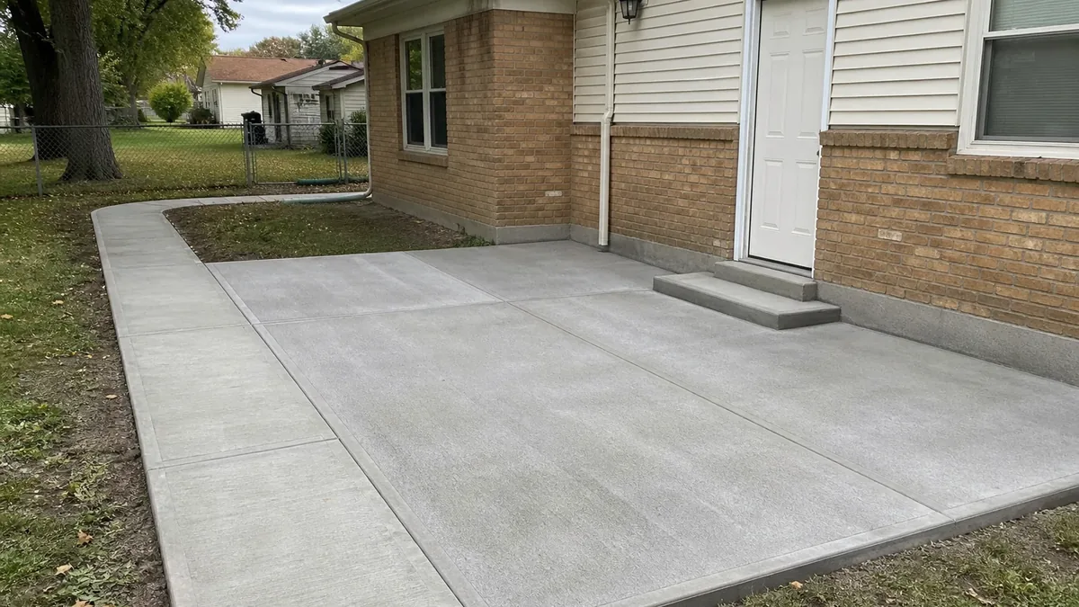 Finished dry concrete patio and walkway South Bend Indiana Michiana St Joseph County residential broom finish